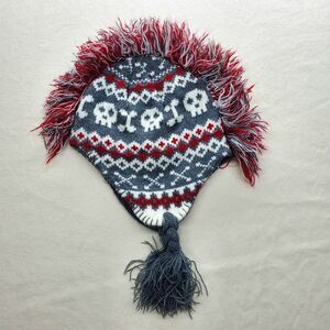 Red & Gray Skull & Cross Mohawk Knit Trapper Hat Ear-Flap Beanie Unisex